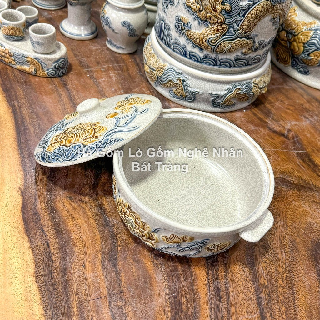 Đồ Thờ Cúng Thố Cơm, Âu Cơm, Vại Cơm, Nồi Cơm Men Rạn Đắp Nổi Bát Tràng Cao Cấp_thumbnail_1