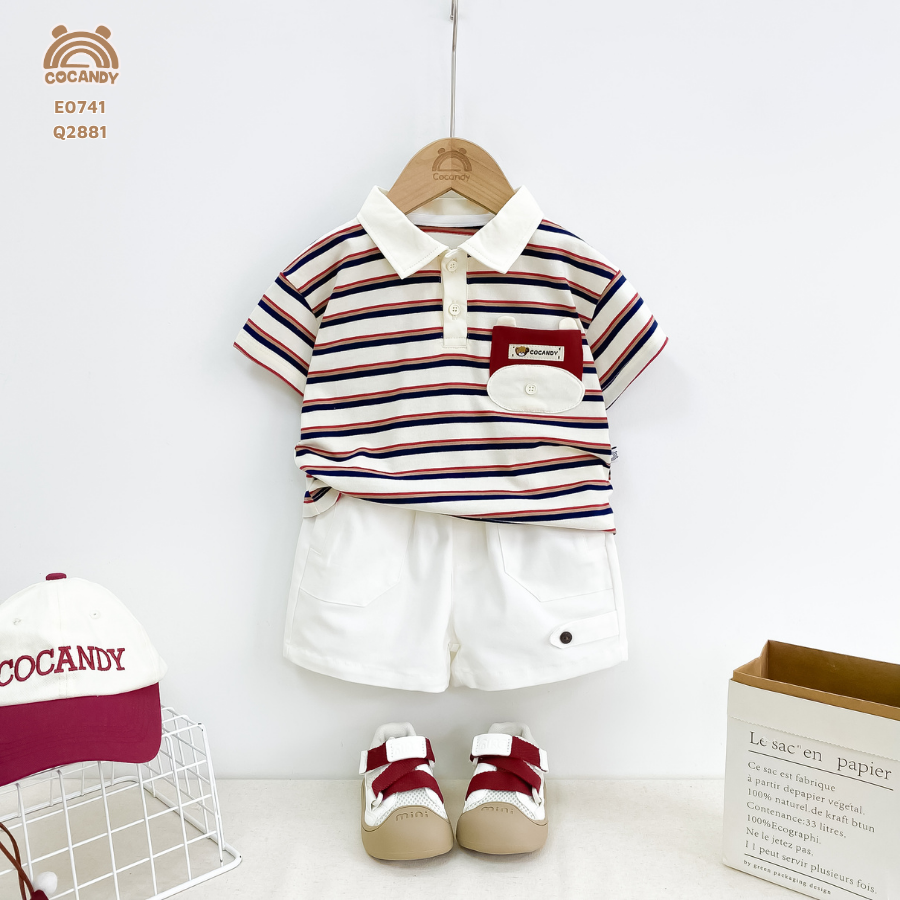 Áo cộc polo  kẻ ĐỎ BE túi gấu