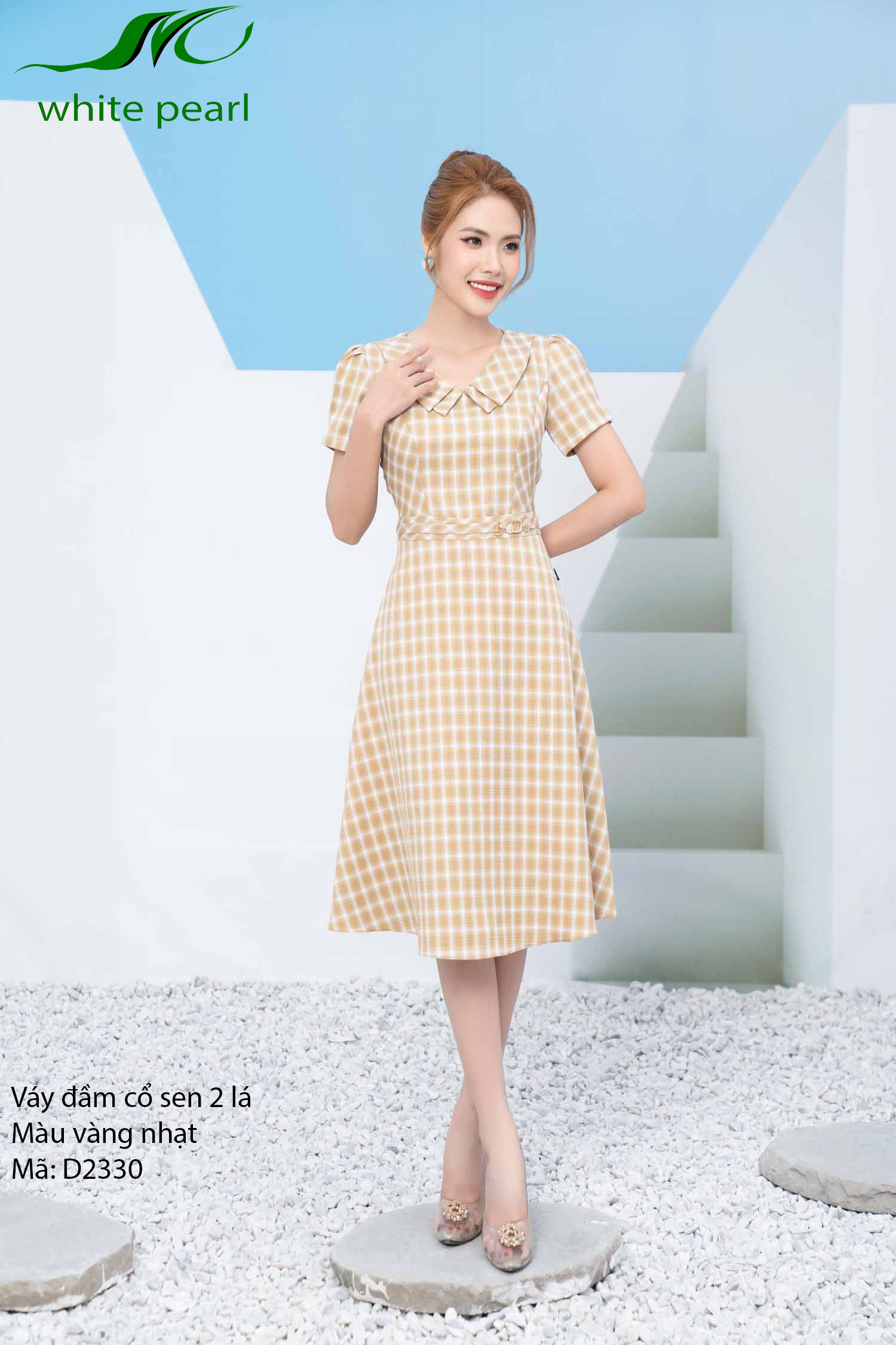 Đầm sen vuông 2 lá kẻ thời trang công sở cao cấp White Pearl_thumbnail_2