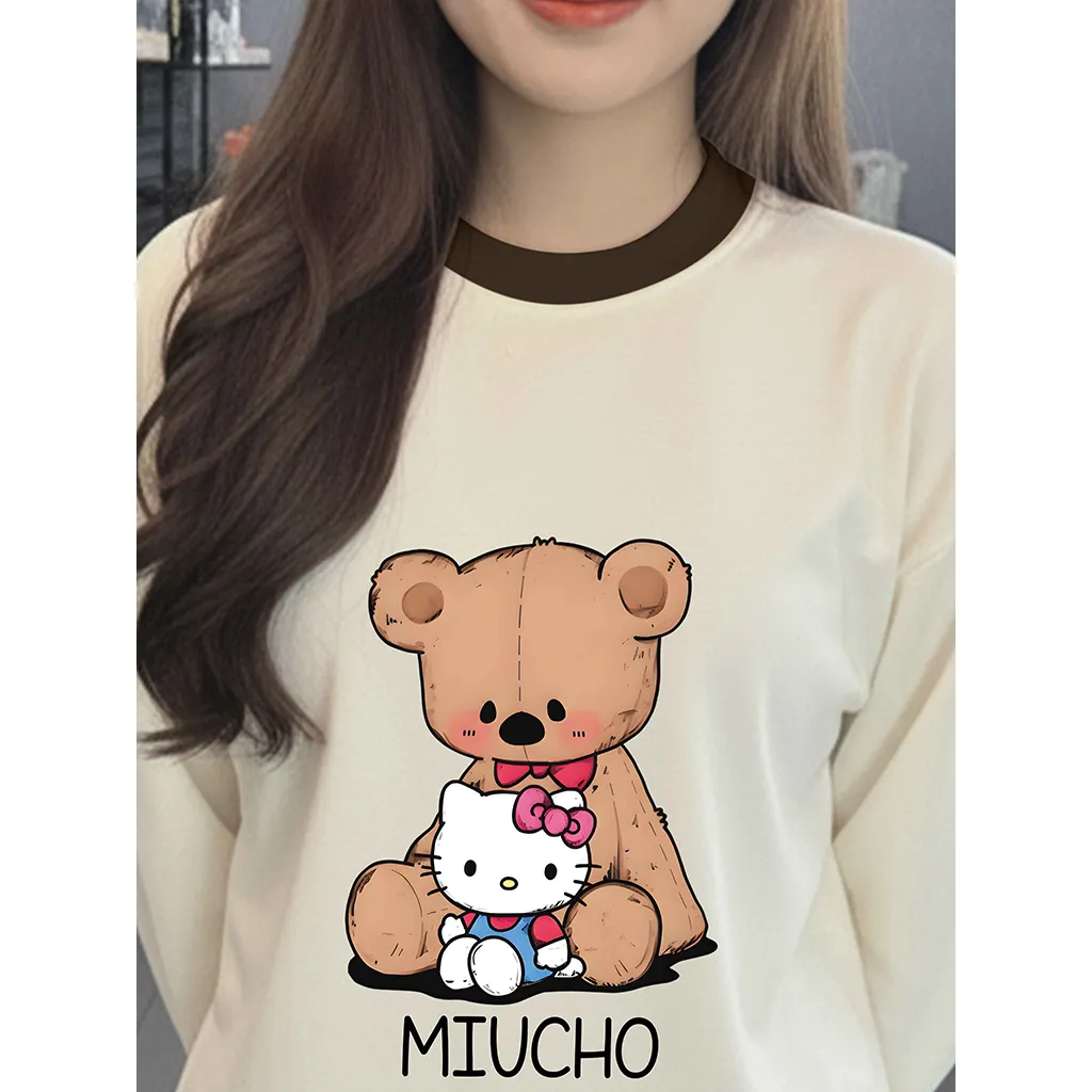 Áo thun boxy tay dài Miucho chất vải thoáng mát co giãn phối cổ mix màu Kitty Gấu nâu 2807_thumbnail_7