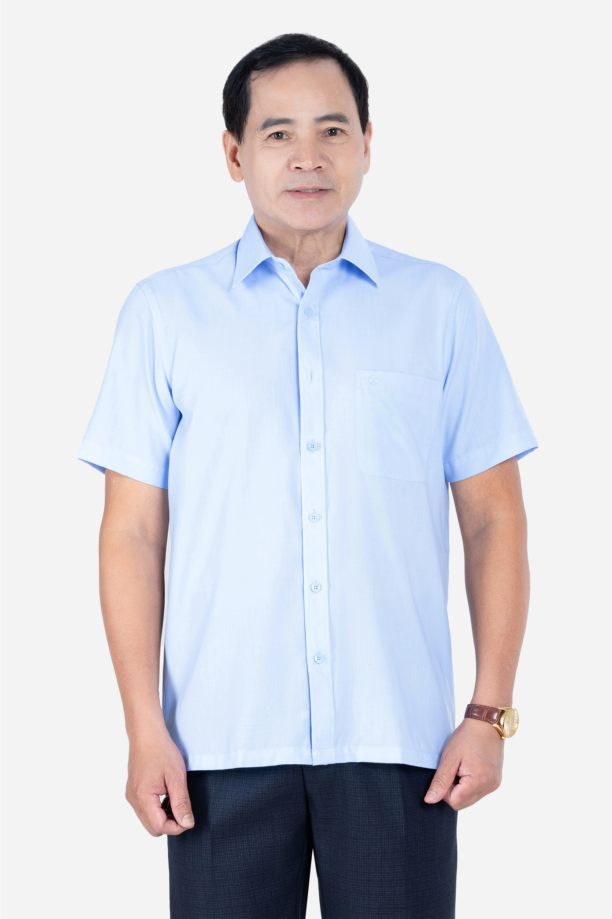 Sơ Mi Trơn Cộc Tay Nam Trung Niên Chất Liệu Cotton Nhập Khẩu Màu Xanh Lơ