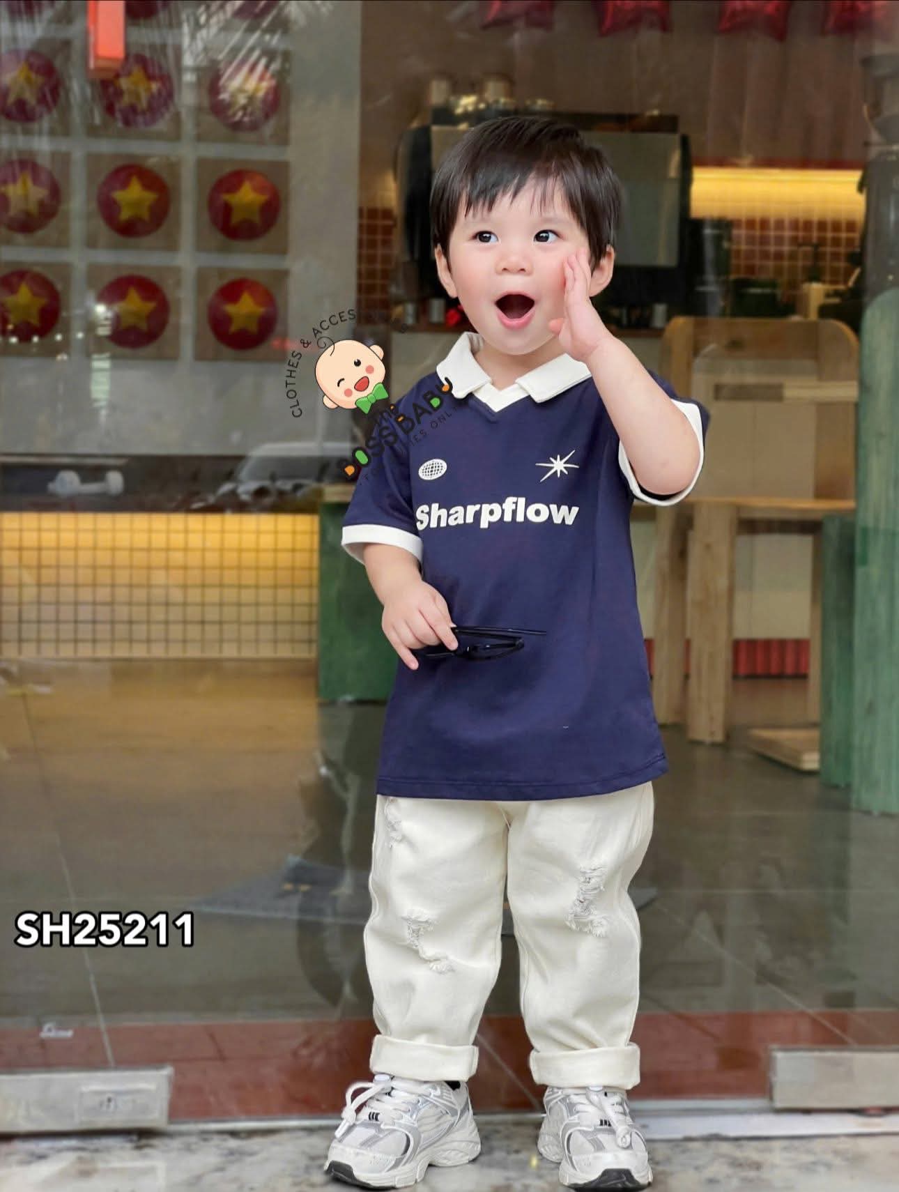 Set bộ polo xanh quần dài jean trắng SHARPFLOW