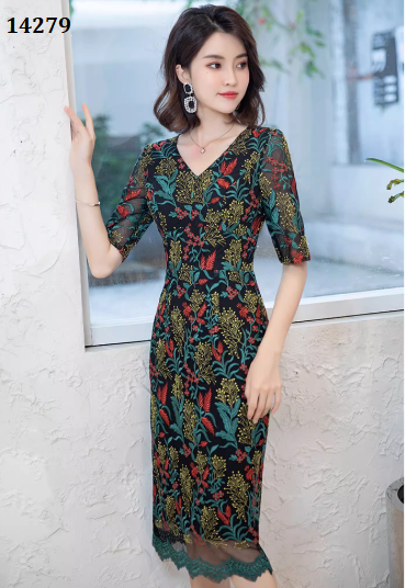 14279-Đầm body  suông ren tay lở in hoa xanh lá ( ren, lót)_thumbnail_2