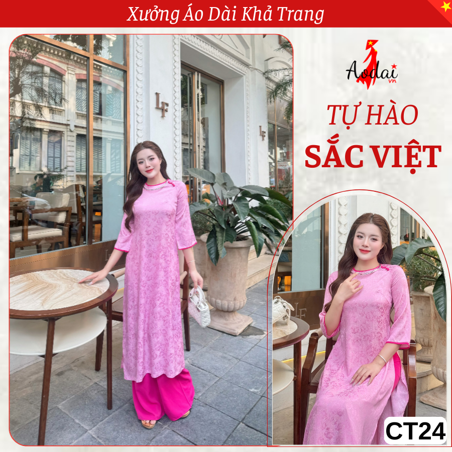 CT24 Áo Dài cách Tân Gấm Dáng Suông màu Hồng Phấn Hoa Sen Đá Cổ Tròn tay Lỡ