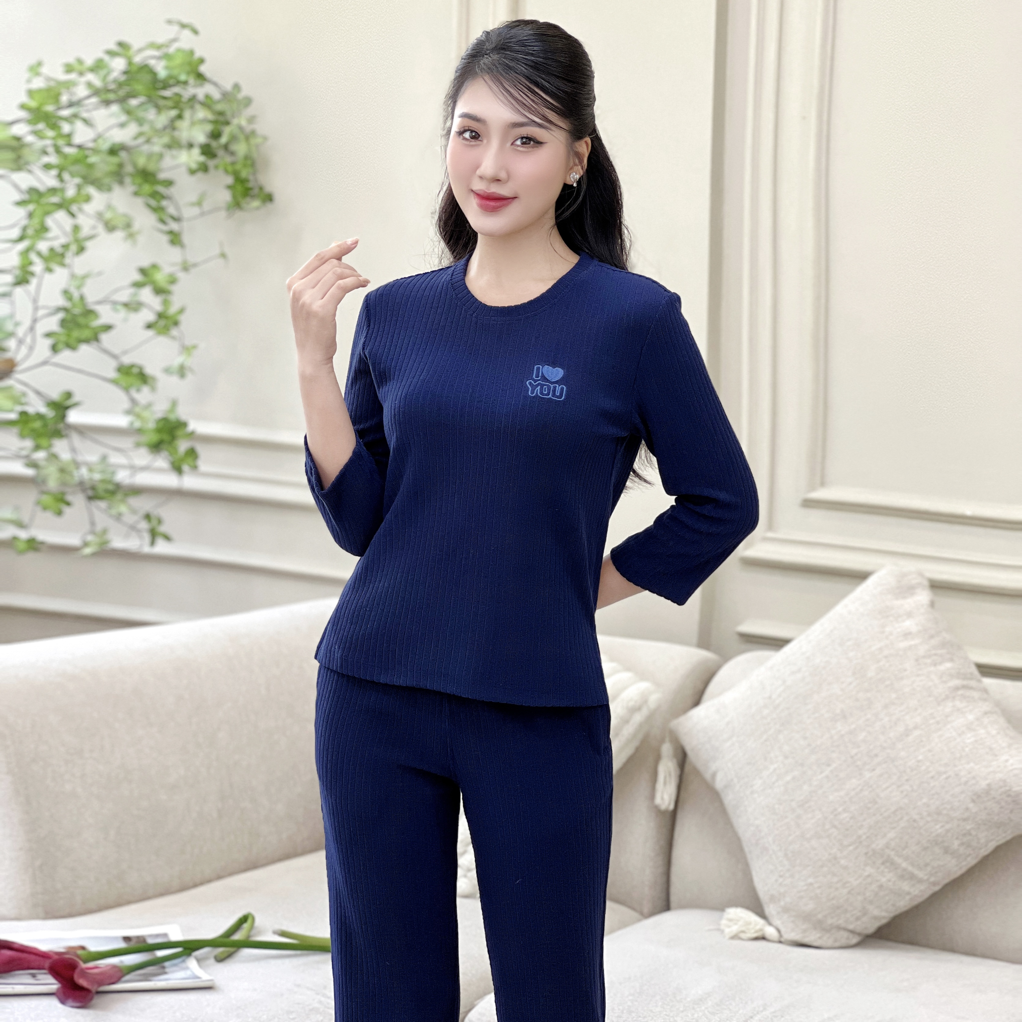 SET THU ĐÔNG NỮ LEN TĂM DÁNG SUÔNG MÀU INDIGO - XANH ĐẬM CỔ TRÒN THÊU ẤM ÁP BỘ MẶC NHÀ CHẤT XỐP M..._thumbnail_5