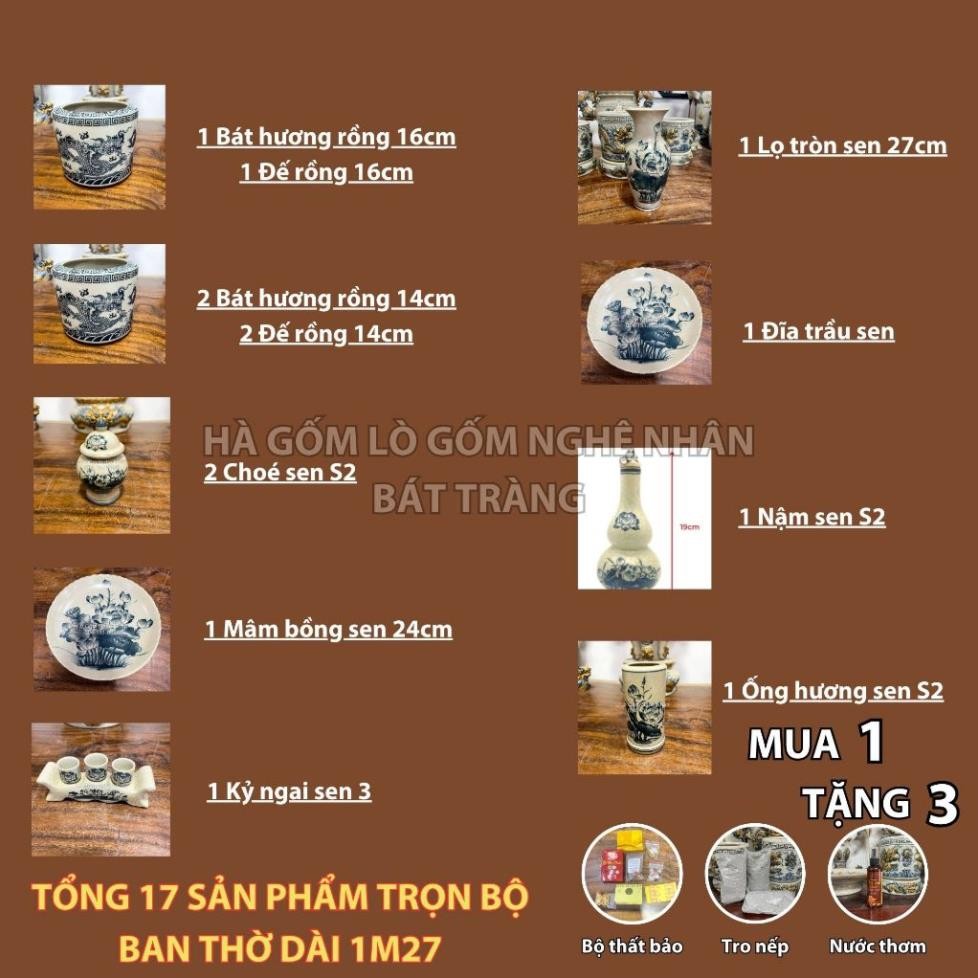 HG109 Đồ Thờ Cúng Bộ 17 món ban thờ 1M27 men rạn trơn nghệ nhân Bát Tràng chế tác TẶNG Thất Bảo, Tro Nếp_thumbnail_1