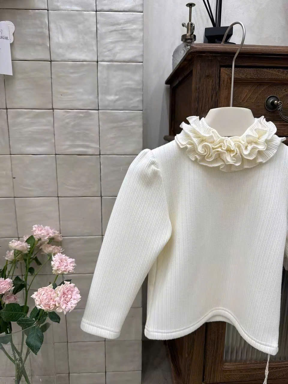 (G255) Áo nỉ lót bông cổ bèo màu kem
