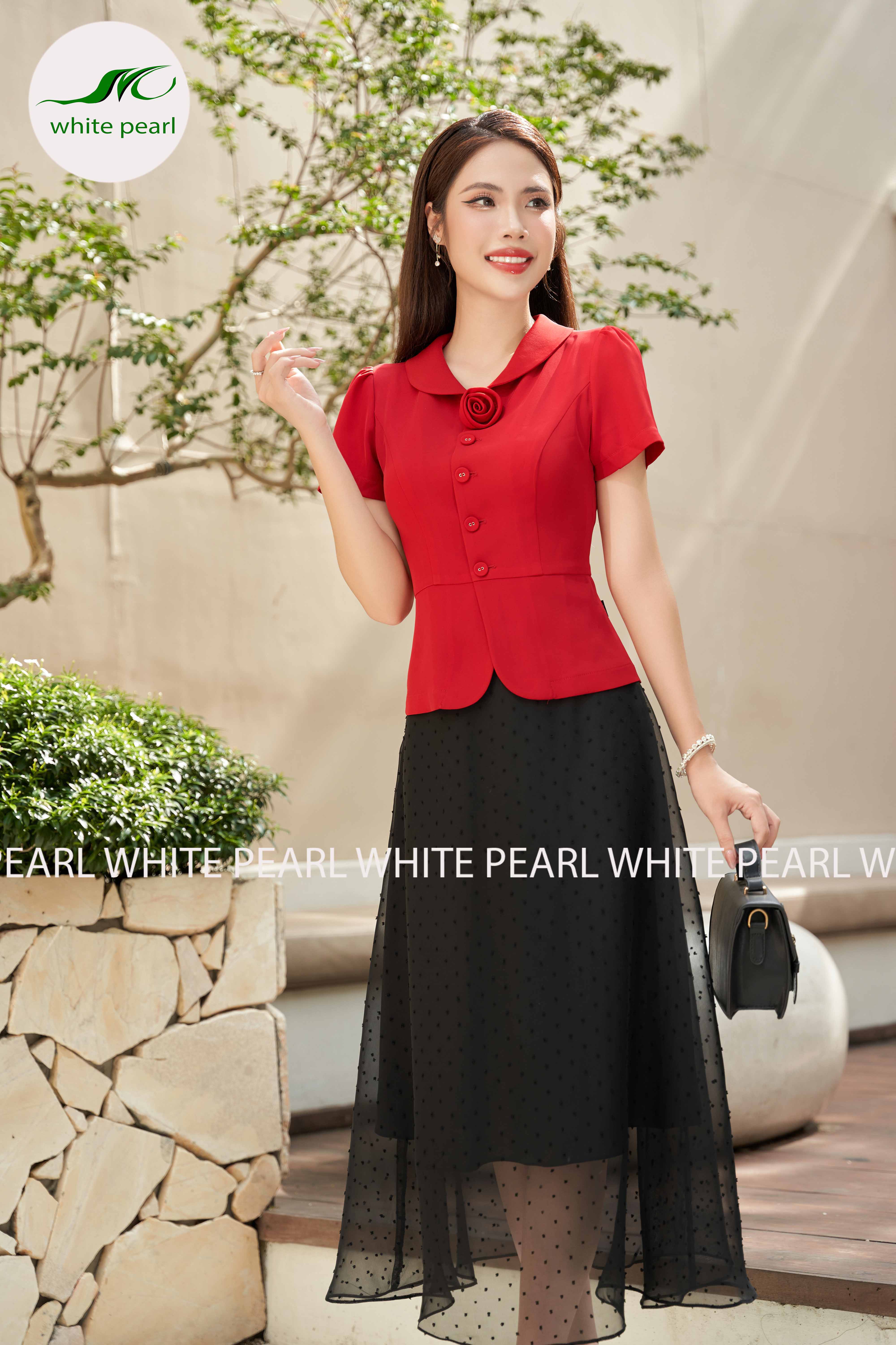 Áo ký giả cổ sam đính hoa màu đỏ kết hợp chân váy xòe thời trang công sở White Pearl_thumbnail_2
