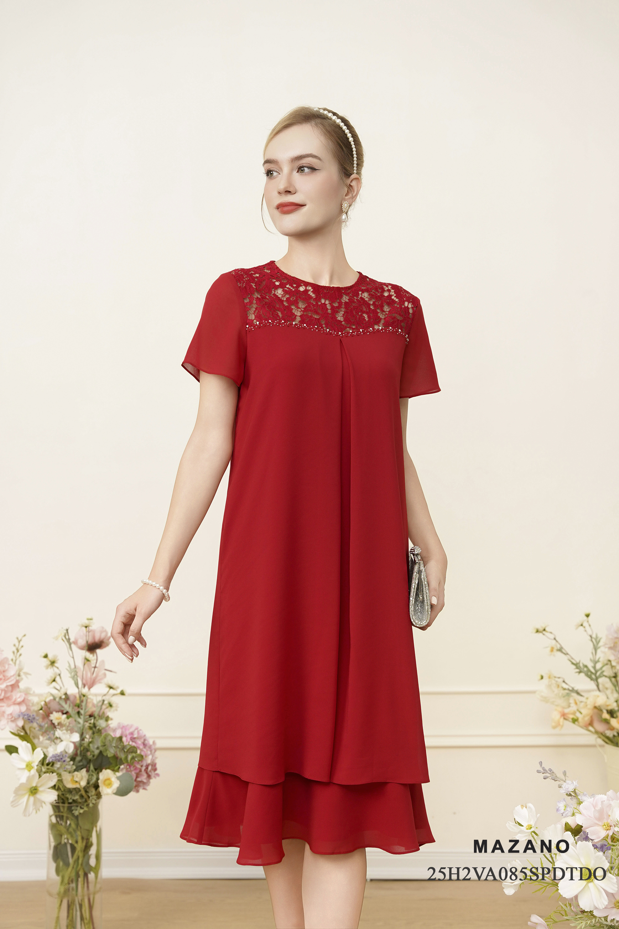 Váy Đầm suông A Vải voan phối ren ngực Đính trang trí Cổ tròn Tay ngắn Dài váy qua gối