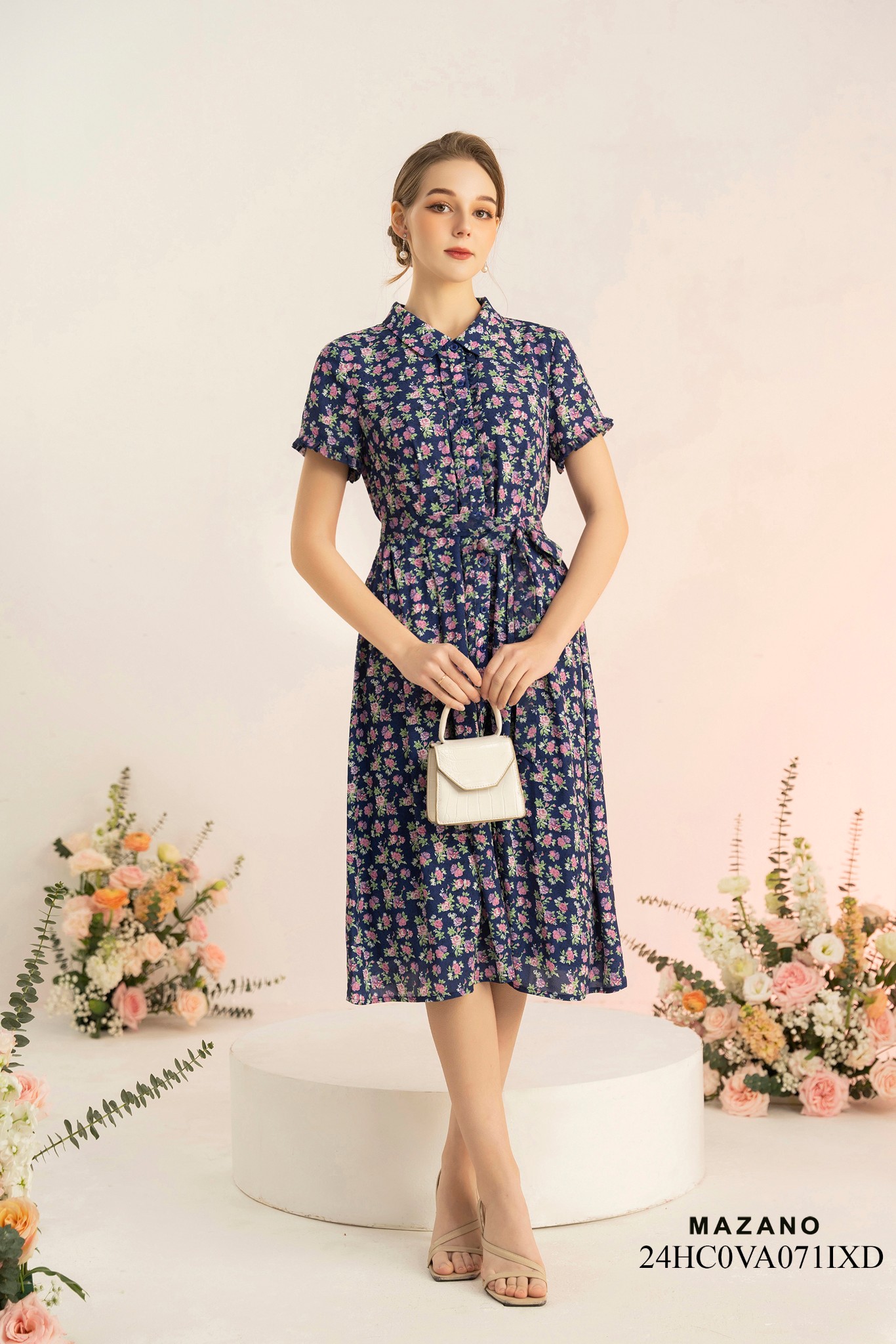 Đầm sơ mi xanh than phối bèo thắt đai eo