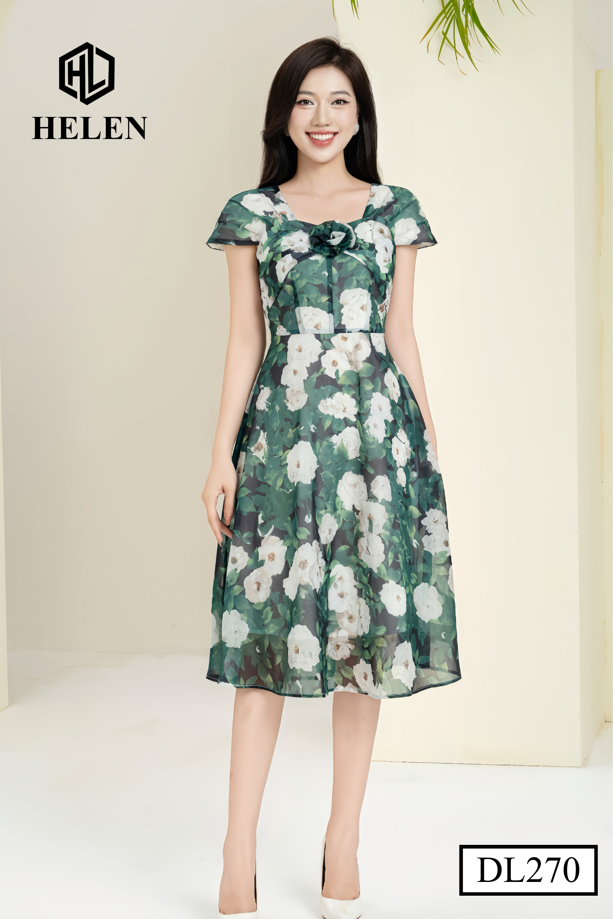 Đầm xòe xanh hoa trắng cổ vuông đính hoa ngực DL270_thumbnail_2
