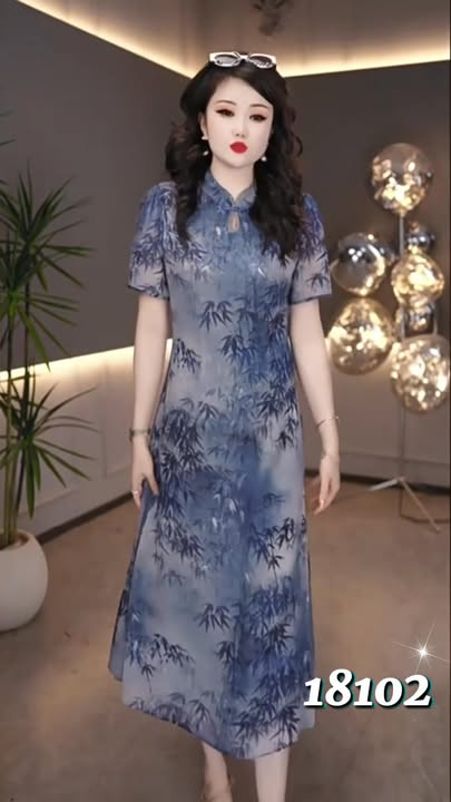 18102-Đầm suông in hoạ tiết lá tre xanh cổ tàu kết nút ( voan,lót)