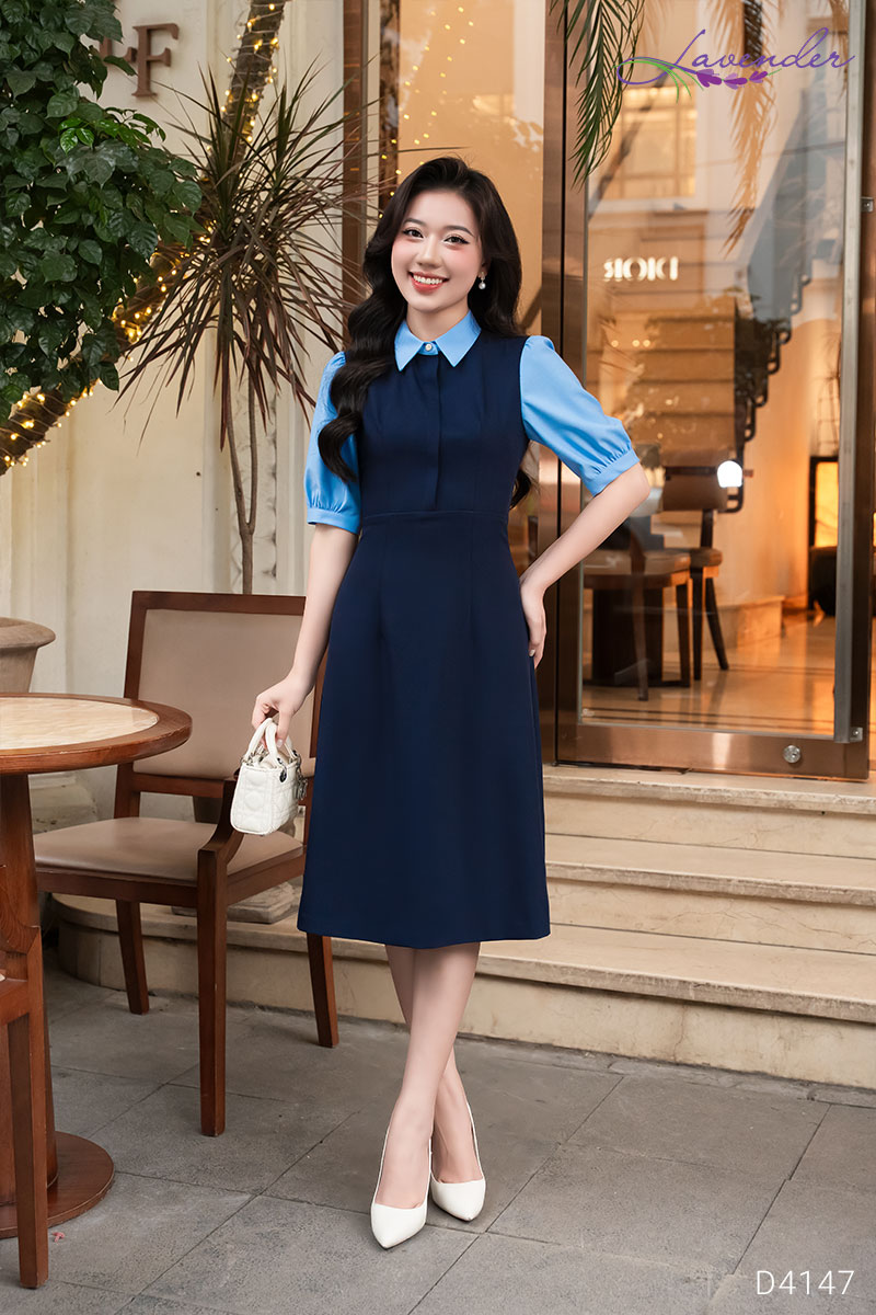 Đầm xanh than phối tay D4147