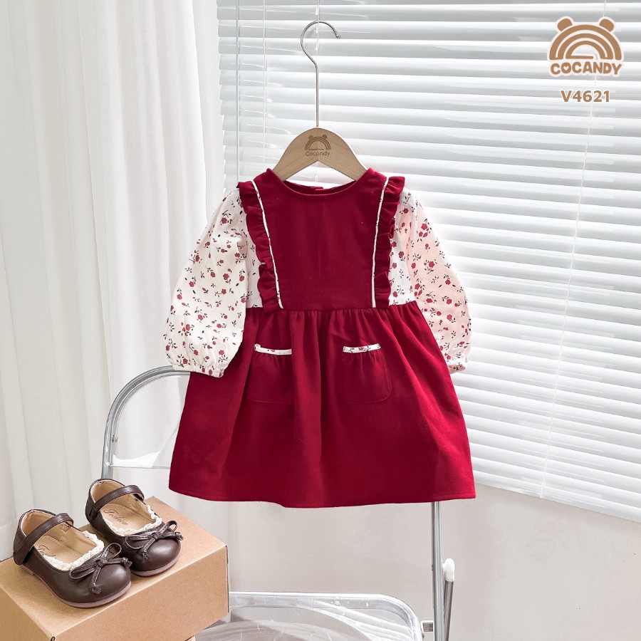 Váy dài ĐỎ tay BE hoa 2 túi