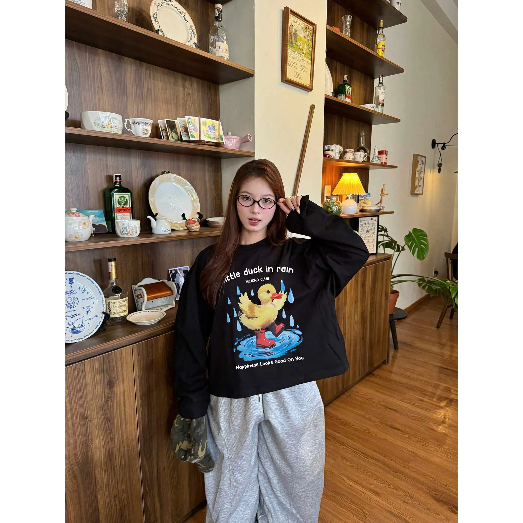 Áo thun boxy tay dài Miucho cotton co giãn 2 chiều thoáng mát cổ tròn hình Duck in mix 2655_thumbnail_3