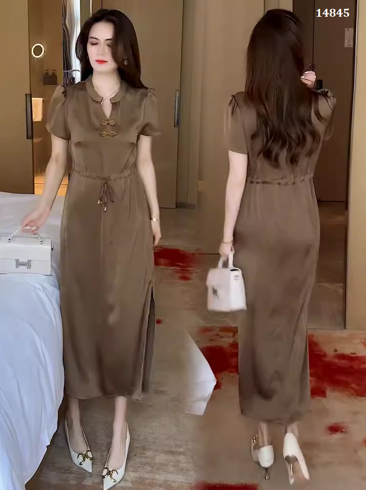 14845-Đầm  lụa suông cổ tàu eo rút dây cách điệu (lụa latin)_thumbnail_0