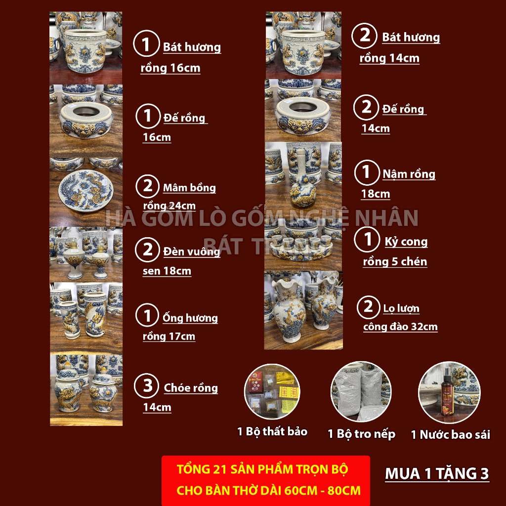 Bộ 21 Món Đồ Thờ Cúng Ban Thờ dài 1m,1m2 TẶNG Thất Bảo, Tro Nếp, Nước Thơm Men rạn đắp nổi Bát Tràng_thumbnail_1