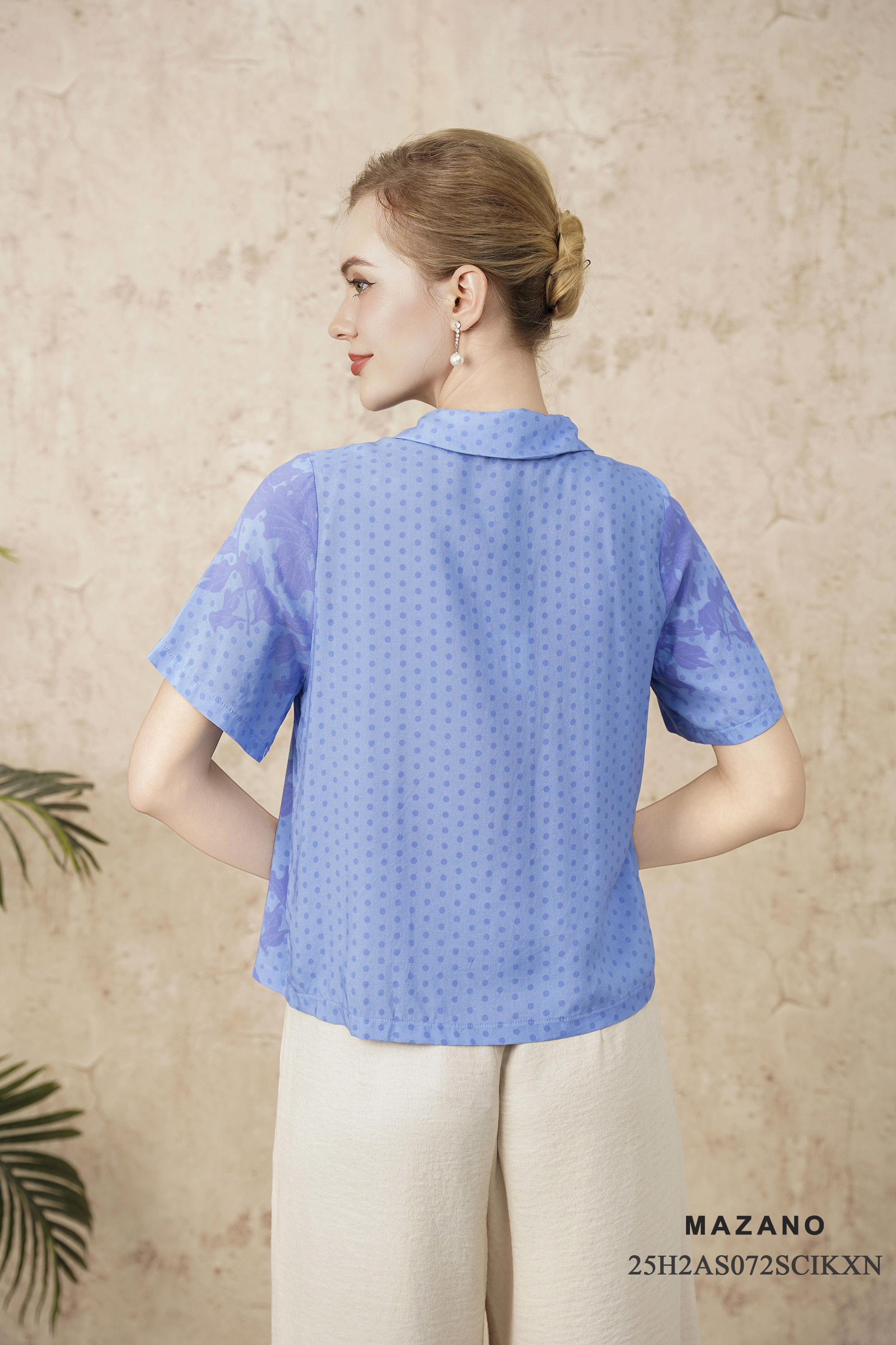 Áo sơ mi Vải Cotton In họa tiết hoa đối xứng Cổ bẻ Tay ngắn Dài dưới eo_thumbnail_4