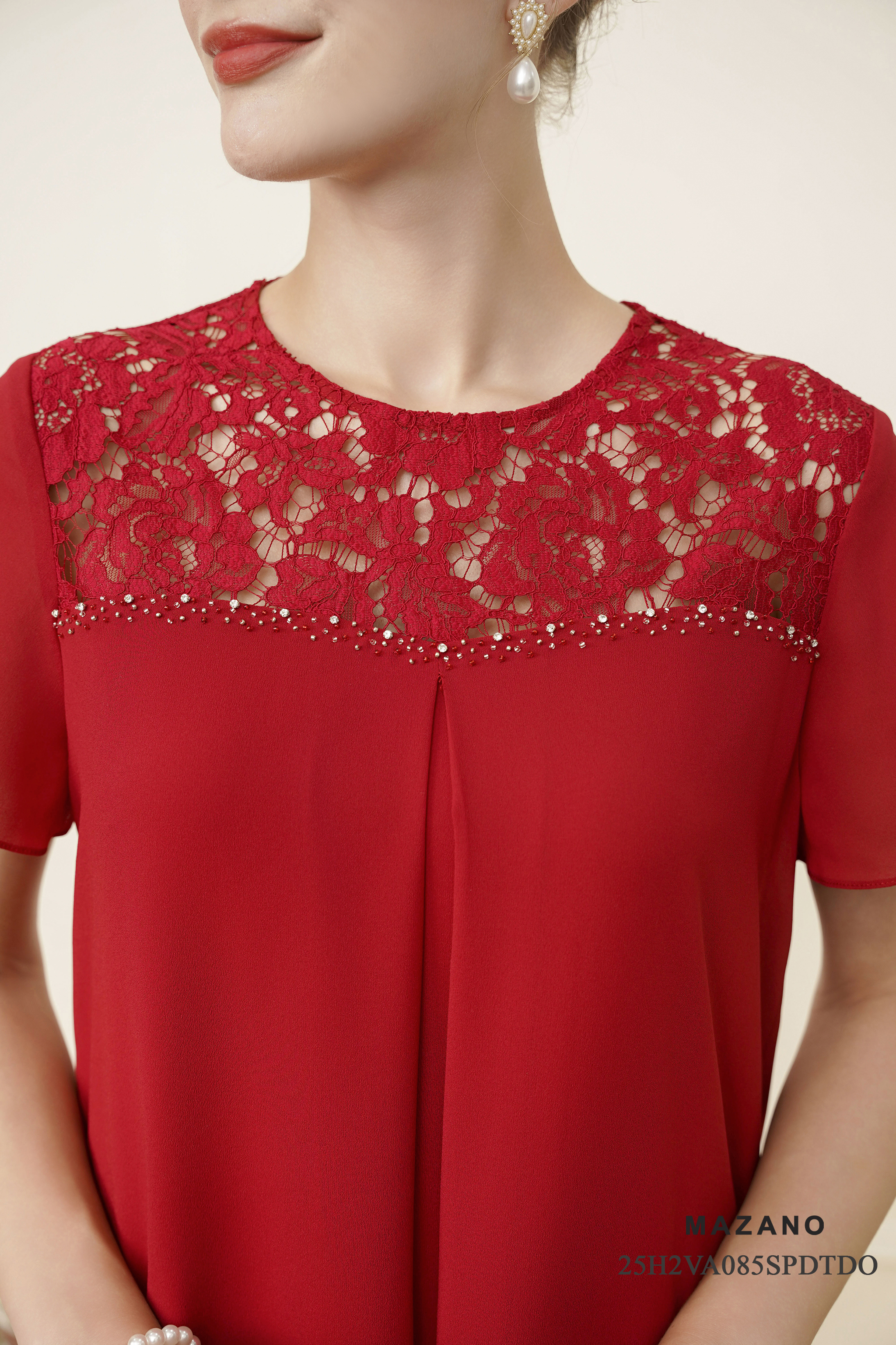 Váy Đầm suông A Vải voan phối ren ngực Đính trang trí Cổ tròn Tay ngắn Dài váy qua gối_thumbnail_4