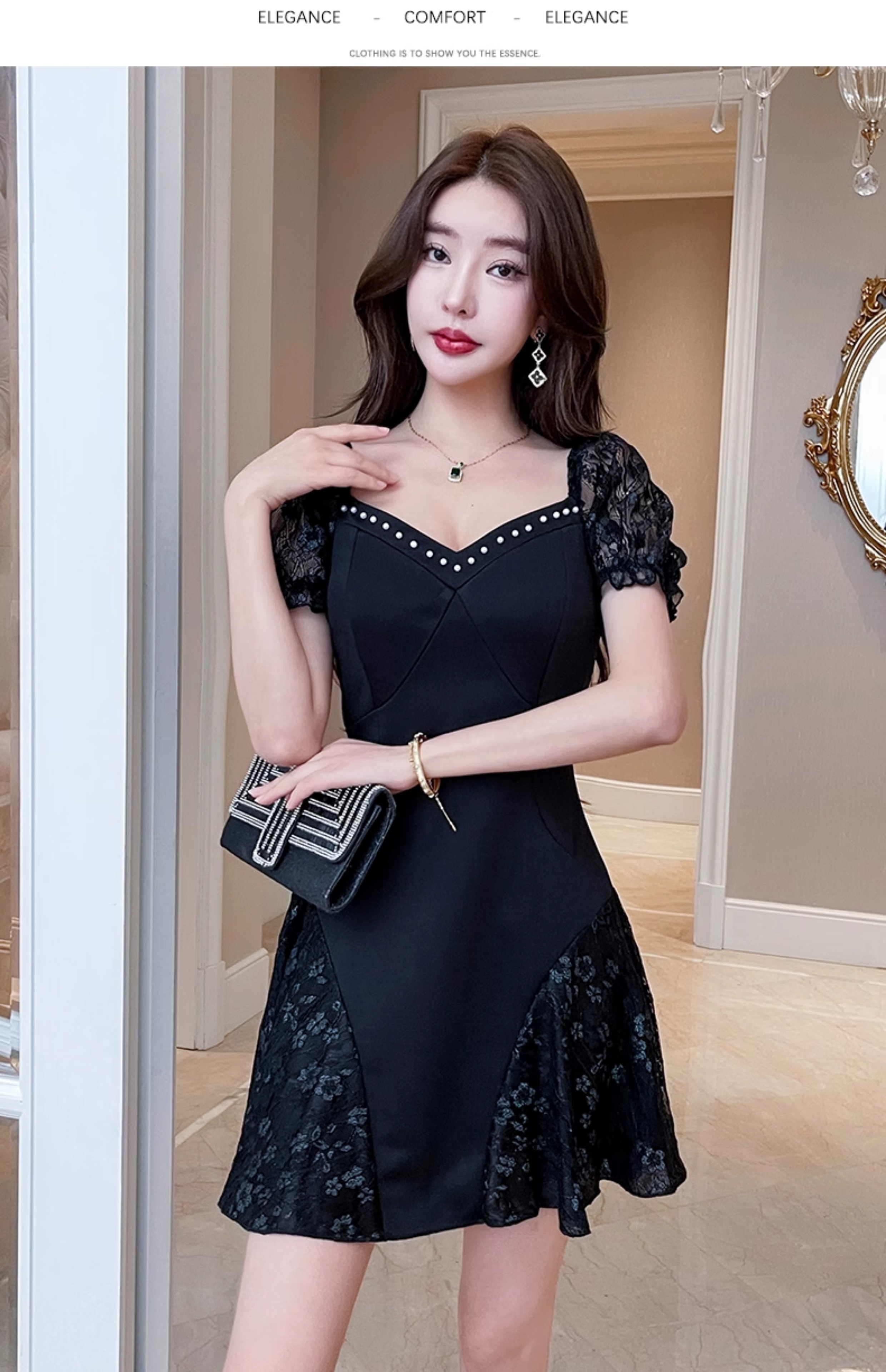 16027-Đầm xoè đen viền ren cổ phối  voan tay ( vải gold co giãn nhẹ, phối ren-dây kéo lưng)_thumbnail_4