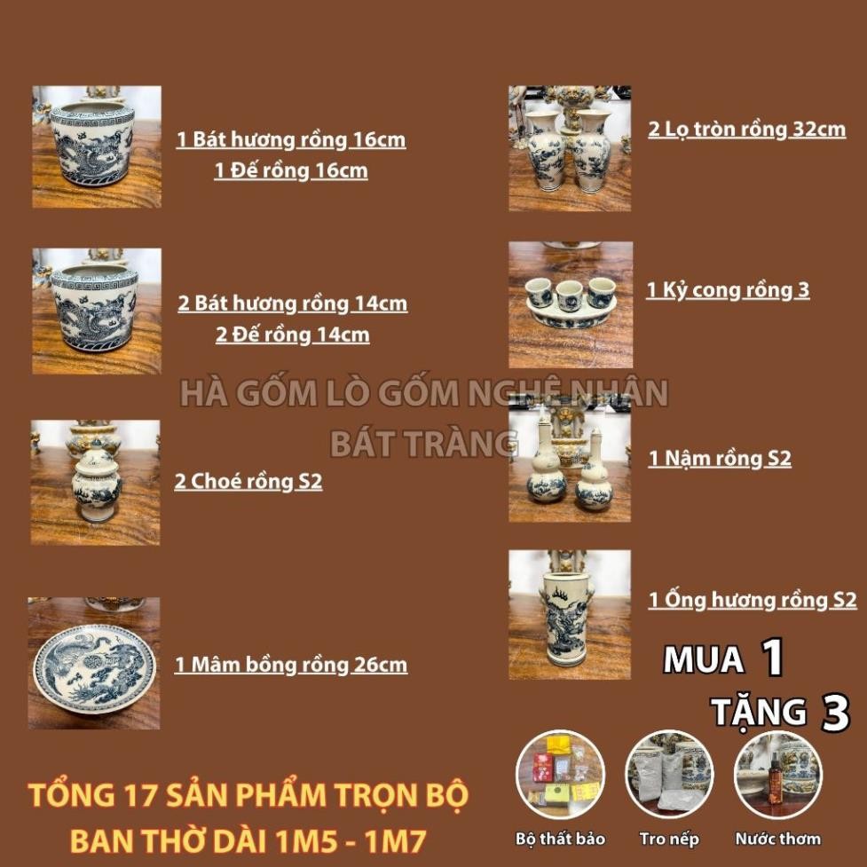 HG120 Đồ Thờ Cúng Bộ 17 món ban thờ 1M5 - 1M7 men rạn trơn nghệ nhân Bát Tràng chế tác TẶNG Thất Bảo, Tro Nếp_thumbnail_8