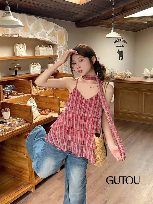 [ GUTOU ] Áo Hai Dây Tầng Cổ V Phối Khăn Choàng_thumbnail_9