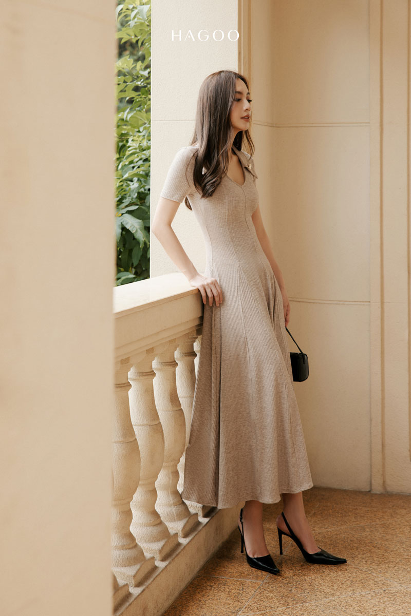 Váy nữ xòe cổ đức cúc trang trí HAGOO