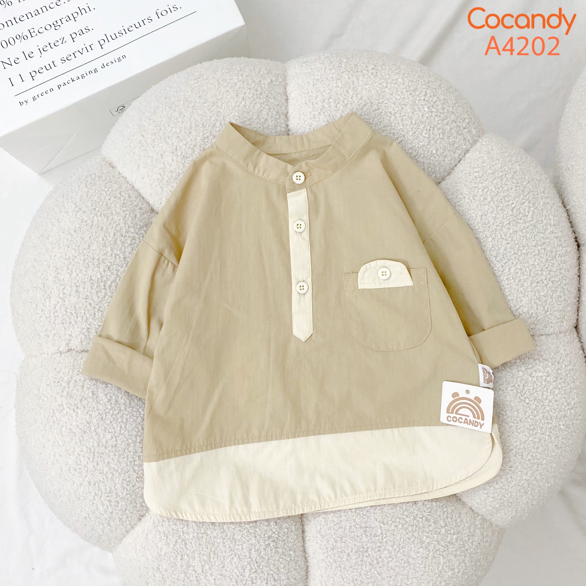 Áo dài NÂU RÊU phối BE túi ngực cúc BÉ