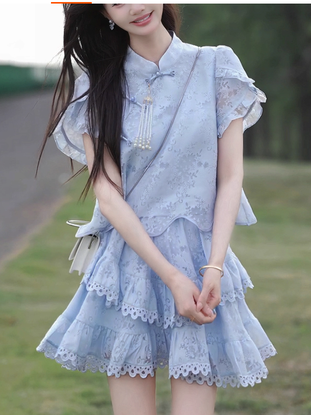 17507-Set áo chân váy cổ tàu viền ren xanh nhạt (  voan tơ, lót)