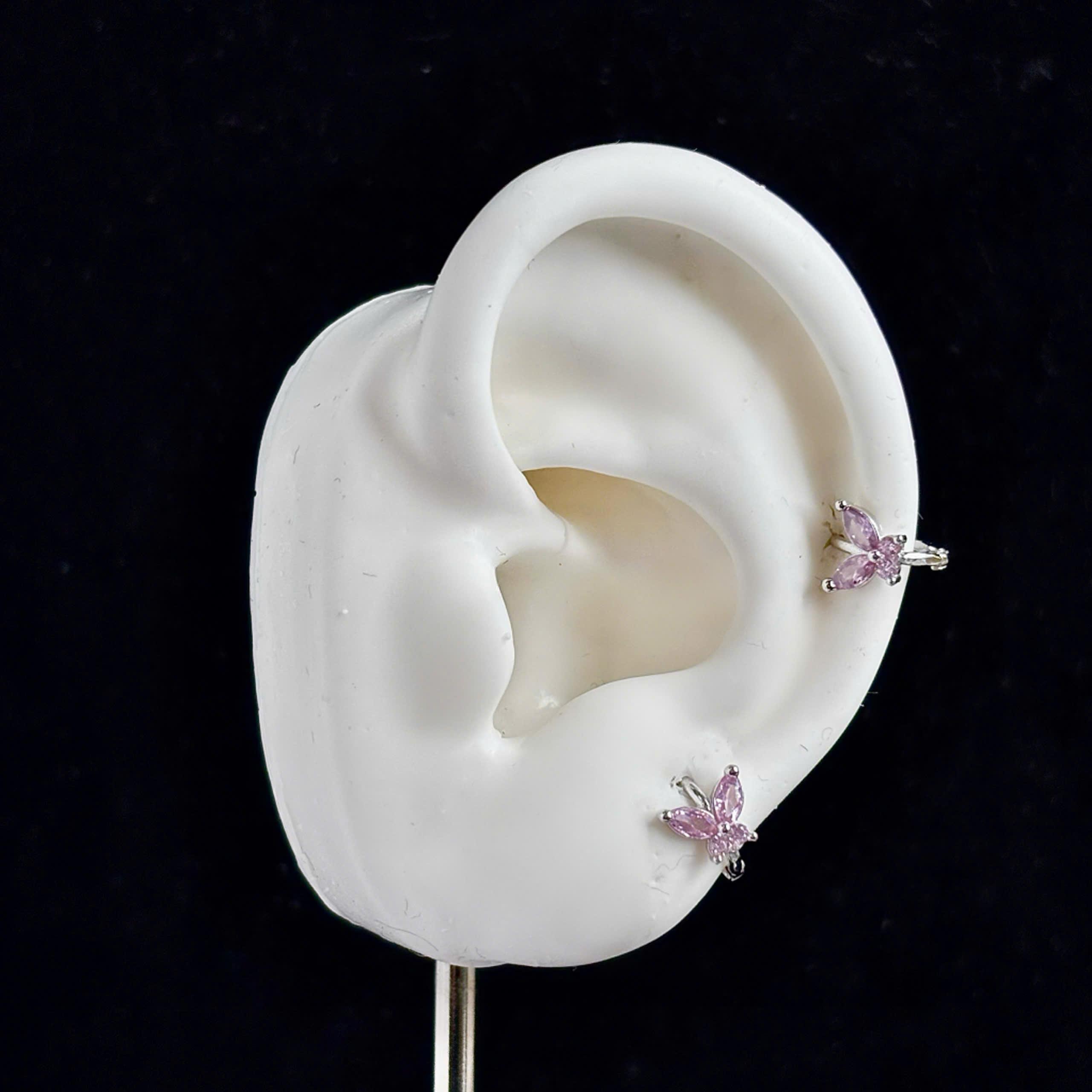 Khuyên vòng bạc si kim bướm hồng trong suốt size 6