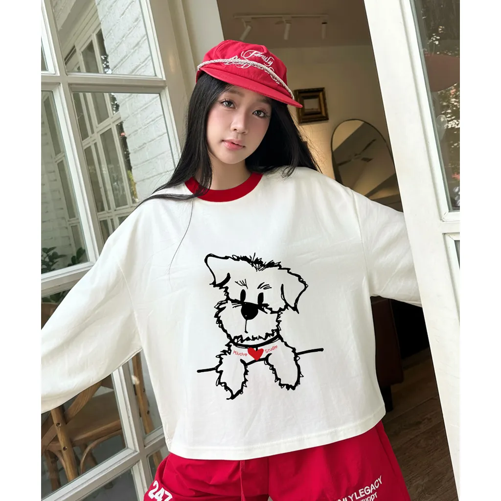 Áo thun boxy tay dài Miucho chất vải thoáng mát đứng form hình cún đáng yêu in artwork 2835_thumbnail_2