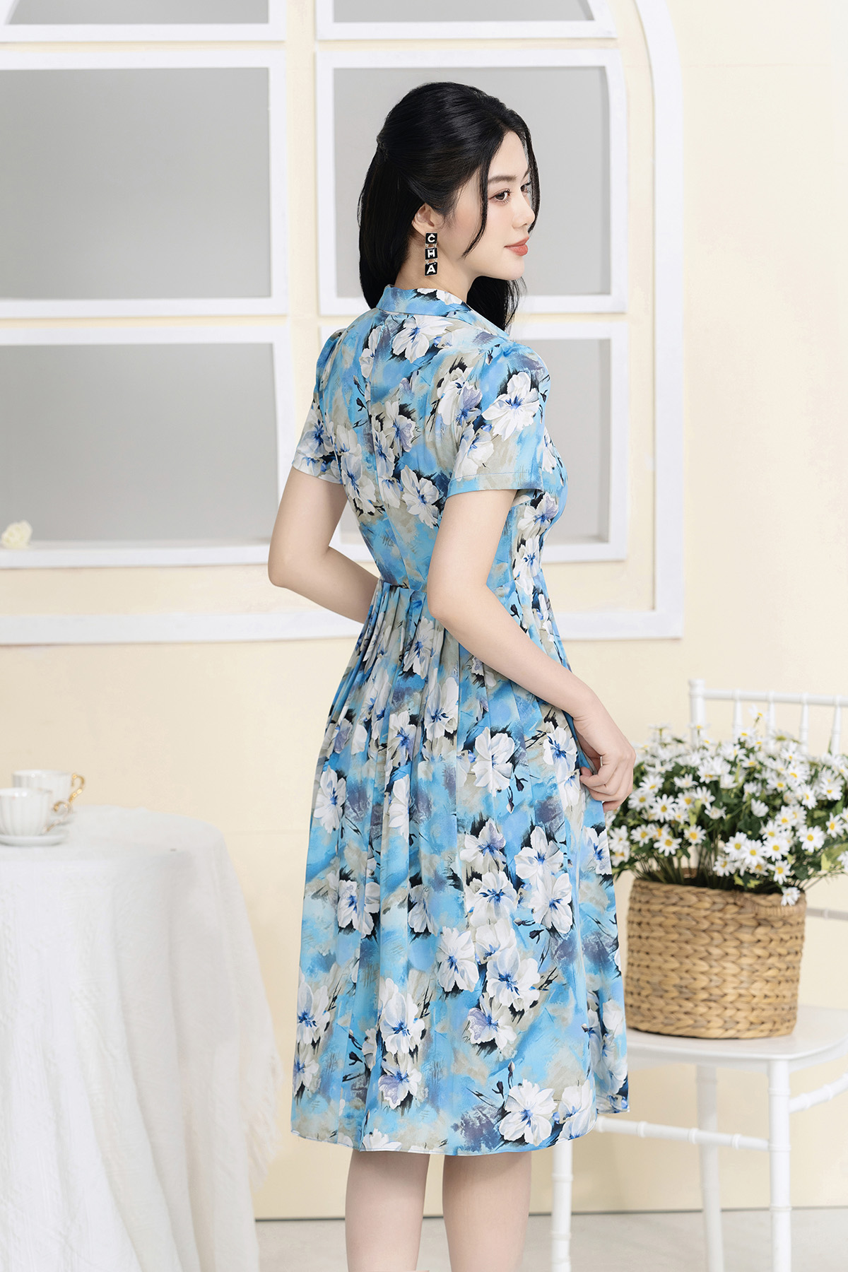 Đầm hoa xanh dáng xòe cổ đức tay ngắn đai eo D3047_thumbnail_2