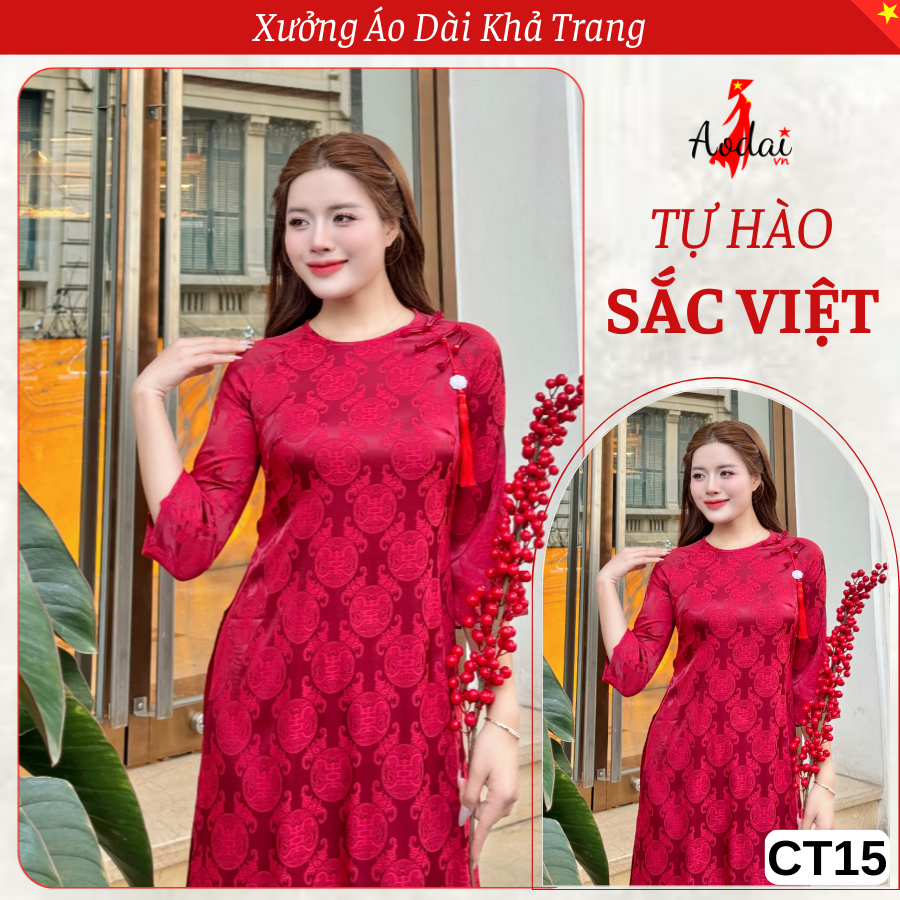 Bộ Áo dài Cách Tân CT15 Gấm Thọ Rơi màu Đỏ Đô Cổ Tròn Tay Lỡ_thumbnail_3