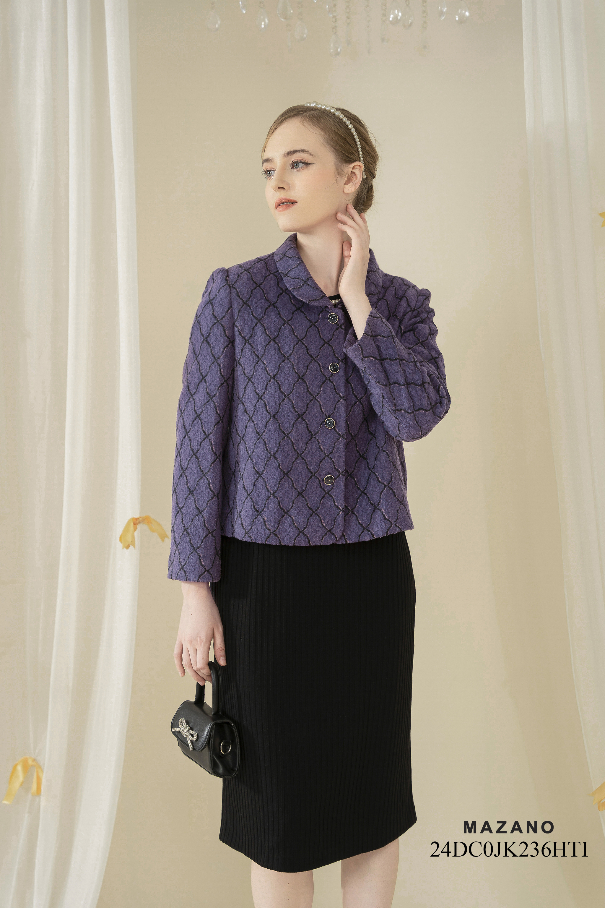 Áo khoác ngắn Suông Vải dạ len cao cấp Họa tiết quả trám Dài dưới eo_thumbnail_4