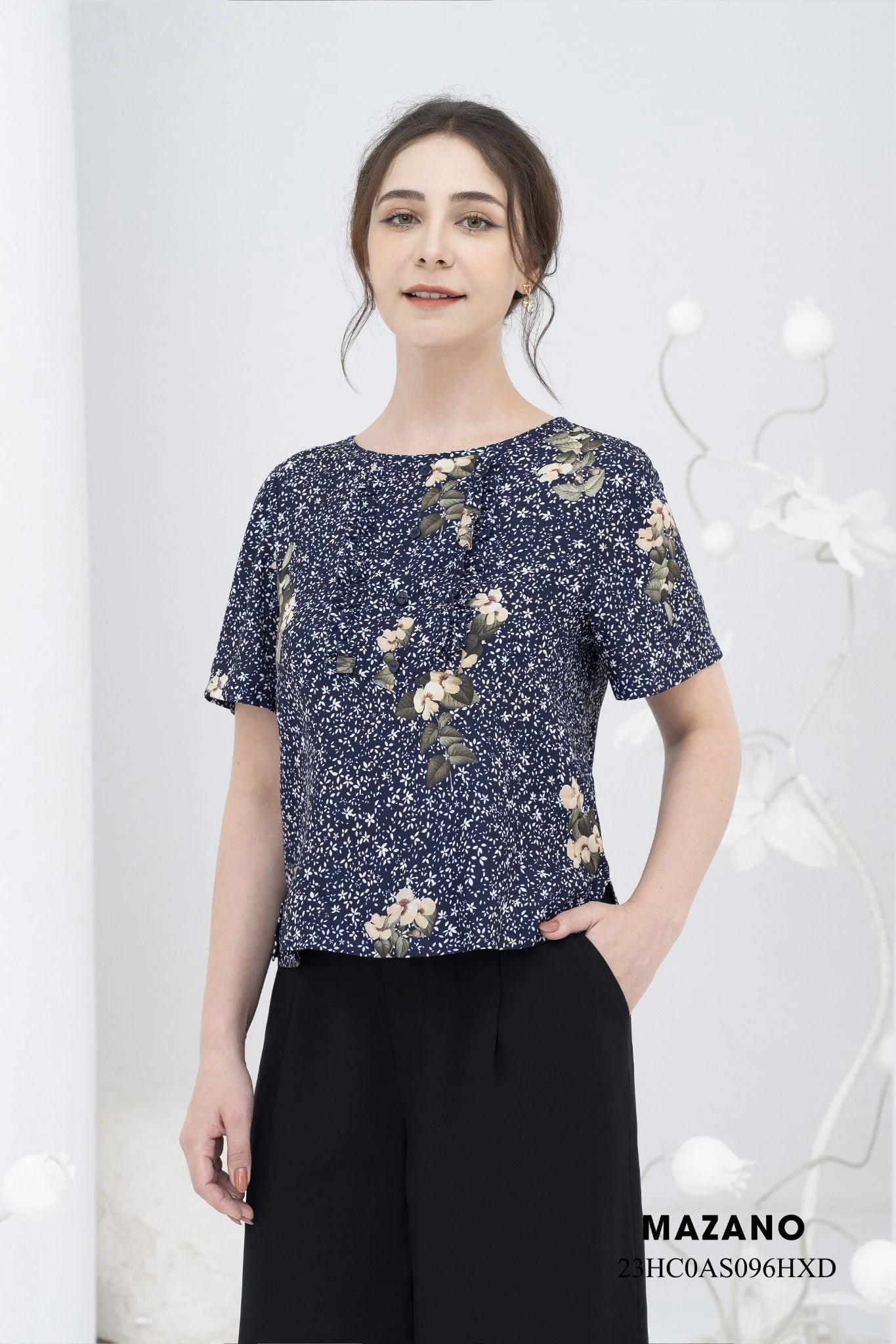 Áo top trang trí bèo họa tiết in hoa 23HC0AS096HXD