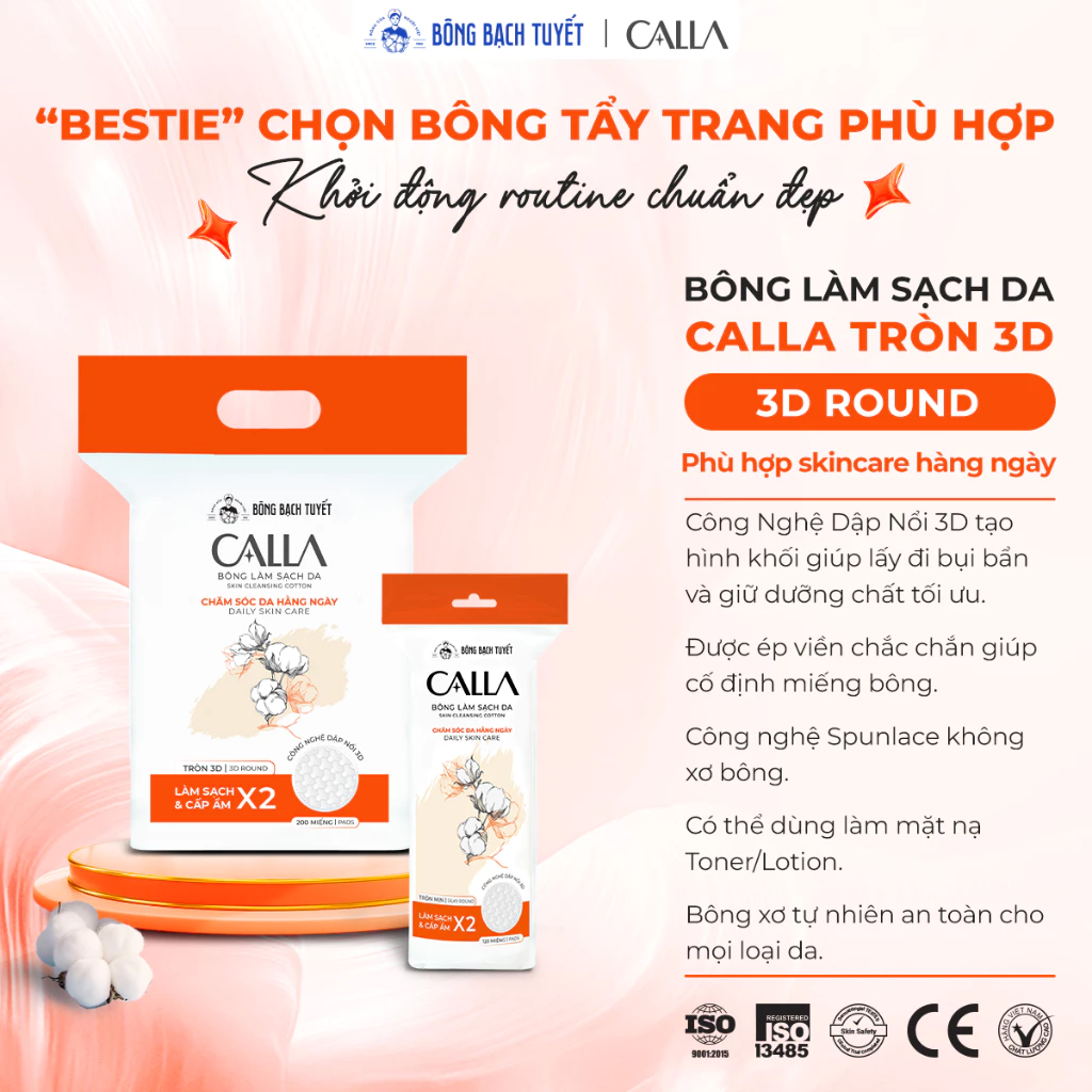 [CALLA] Bông tẩy trang Calla tròn 3D mẫu mới (cam)