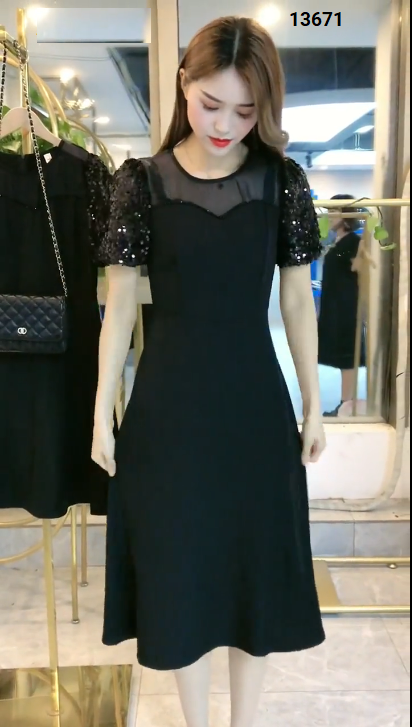 13671-Đầm xòe chữ A phối tay phồng kim sa (thun lụa, khóa sau)_thumbnail_1