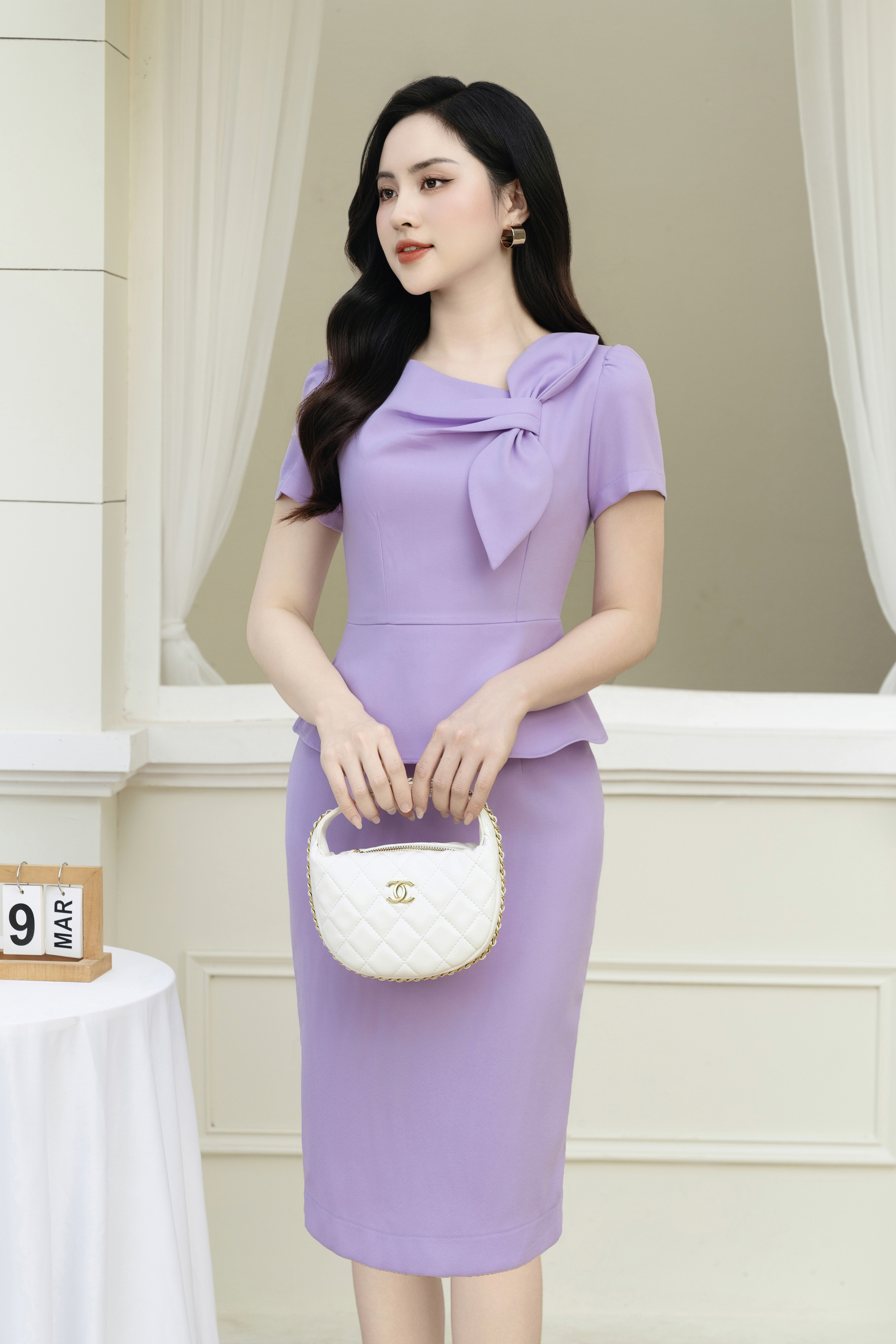 Đầm ôm peplum tím cổ lệch phối hoa_thumbnail_0