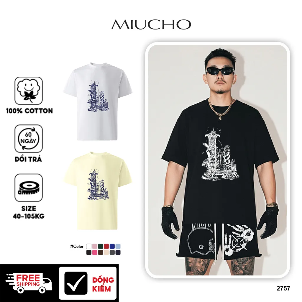 Áo thun nam form rộng Miucho Iconic vải cotton thoáng mát co giãn 2 chiều in chữ cái L 2757