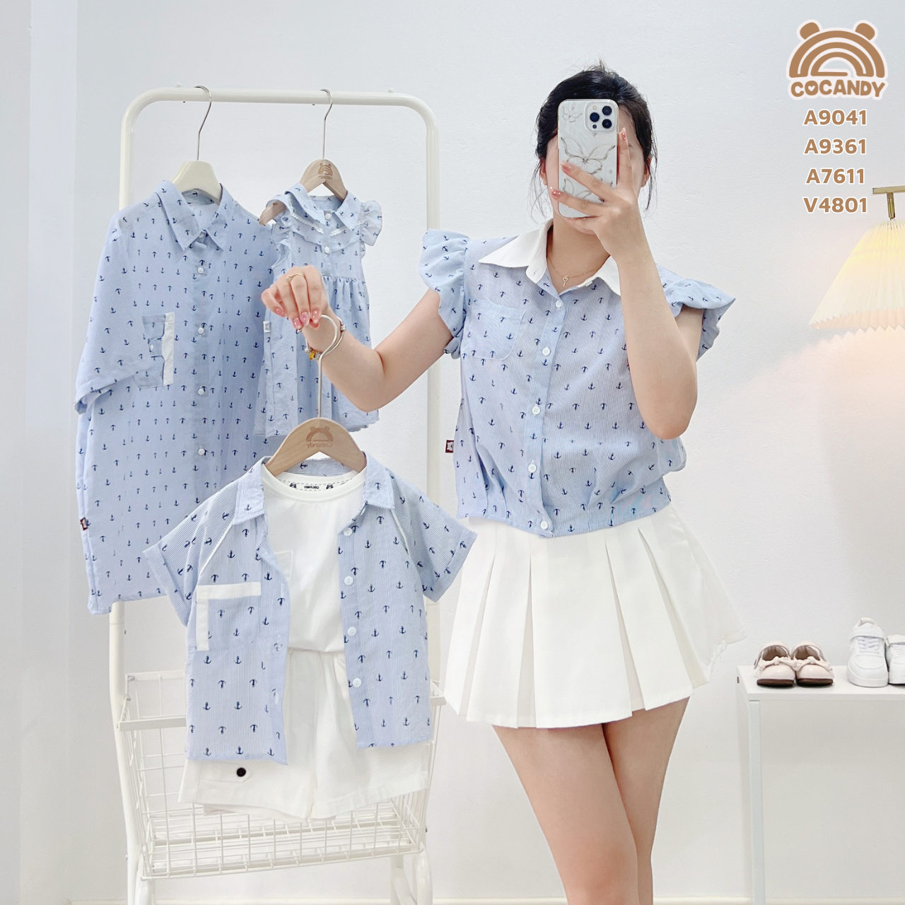 Áo cộc sơ mi  XANH mỏ neo tay bèo NỮ_thumbnail_1