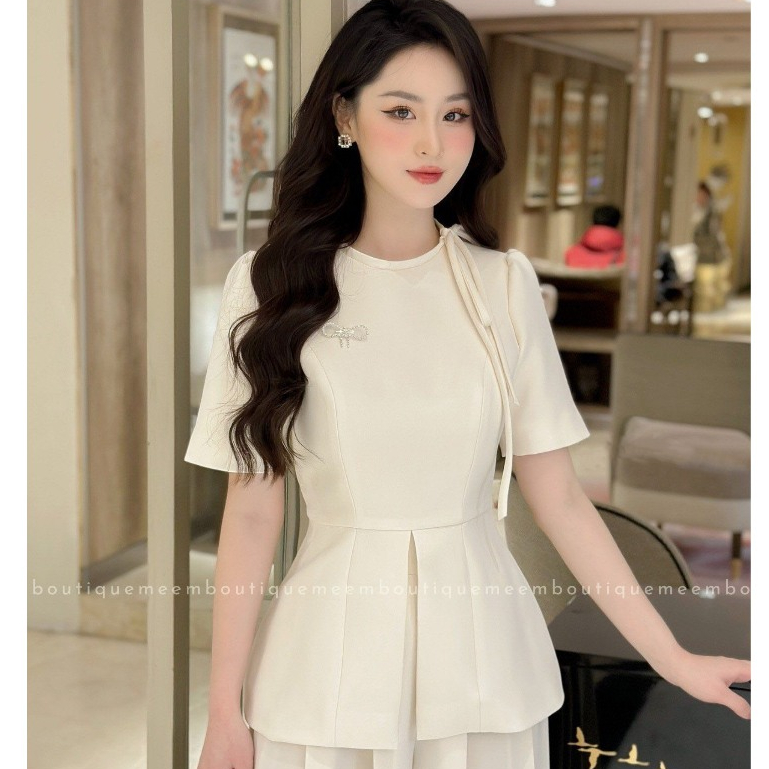 Set đồ nữ sang chảnh màu kem, set áo peplum và quần ống rộng xếp ly, set quần áo nữ công sở thanh lịch Loga store _L161
