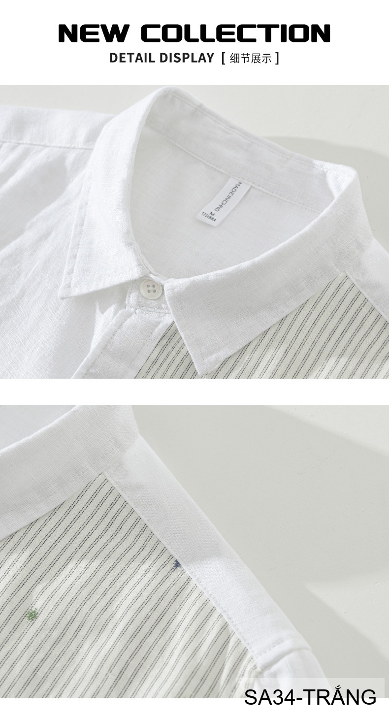 SA34 - Áo sơ mi nam tay ngắn vải lanh thoáng mát phong cách Nhật Bản kẻ sọc phối màu trắng xanh ngọc_thumbnail_6