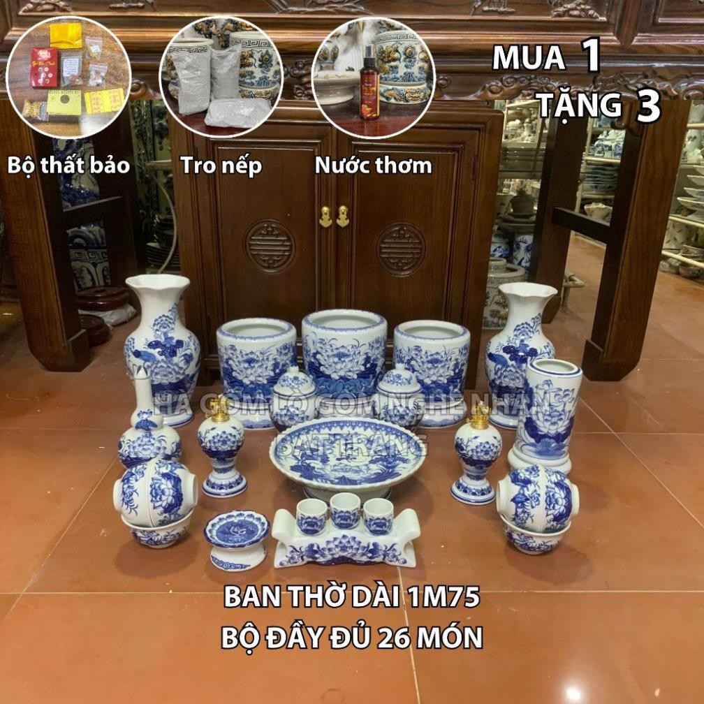 HG365 Đồ Thờ Cúng Bộ 26 món ban thờ 1M75 men lam nghệ nhân Bát Tràng chế tác TẶNG Thất Bảo, Tro Nếp