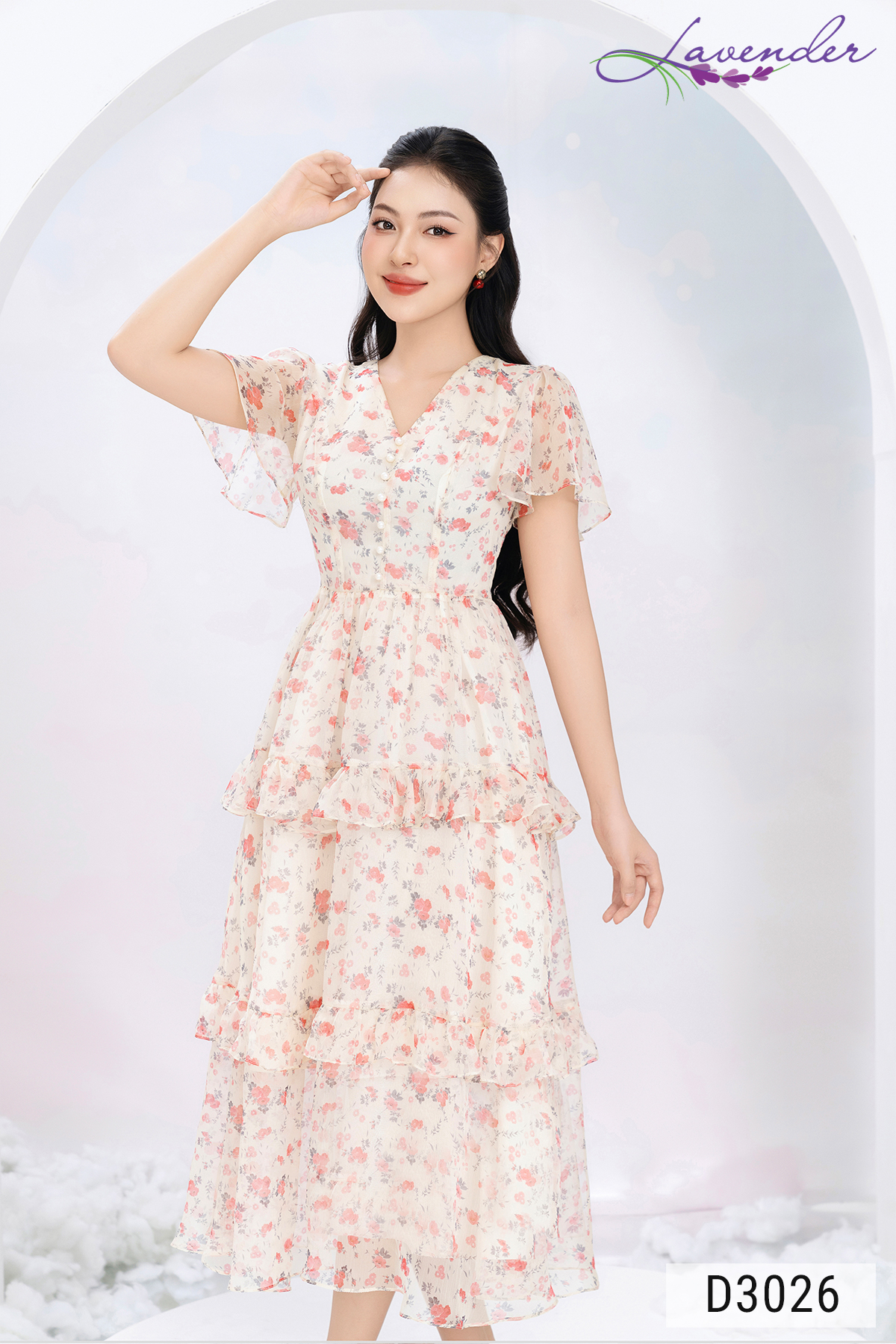 Đầm hoa tơ trắng 3 tầng cổ V tay ngắn D3026_thumbnail_4