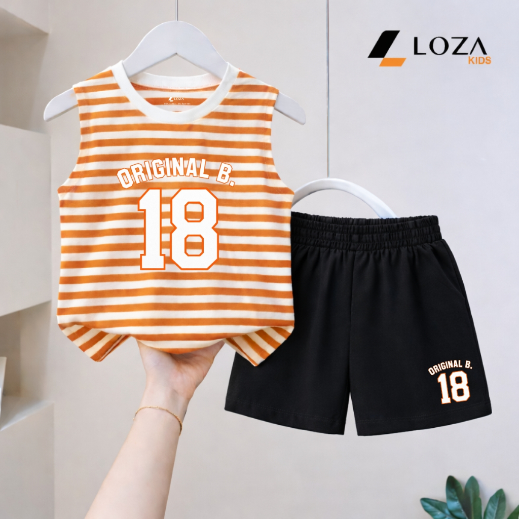 Bộ ba lỗ kẻ bé trai hình Gấu số 27, chất liệu cotton giấy - Loza Kids BK001_thumbnail_2