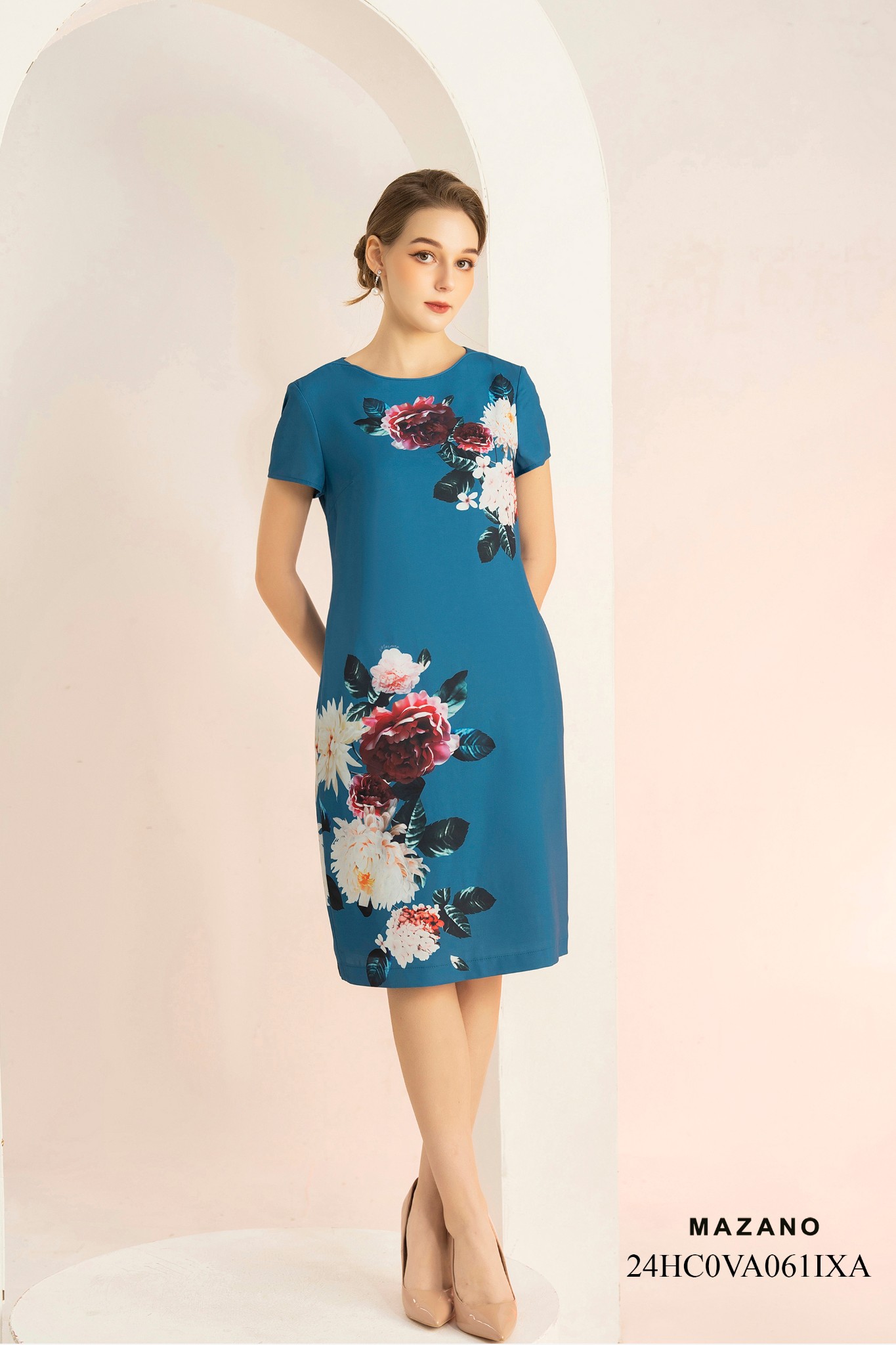 Váy Đầm Suông Vải thô mỏng Hoạ tiết hoa 3D Cổ tròn Tay ngắn Dài ngang gối