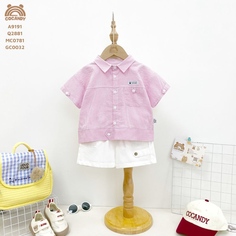 Áo cộc kẻ HỒNG sơ mi giả nẹp gấu áo