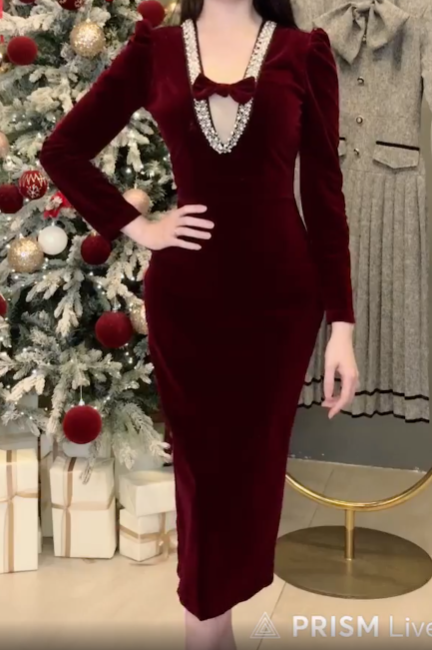 Đầm Bút Chì Nhung Cổ V Có Nơ_thumbnail_4