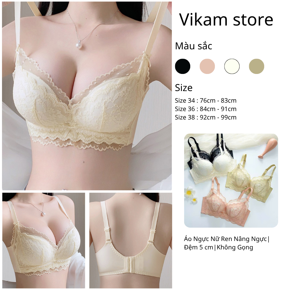 [Mã B72] Áo Ngực Nữ Ren Đệm 5cm Cao Cấp Áo Lót Nữ Ren Mềm Mại Nâng Dẩy Không Gọng Vikam Size 34-38 Màu Đen Hồng Kem Xanh