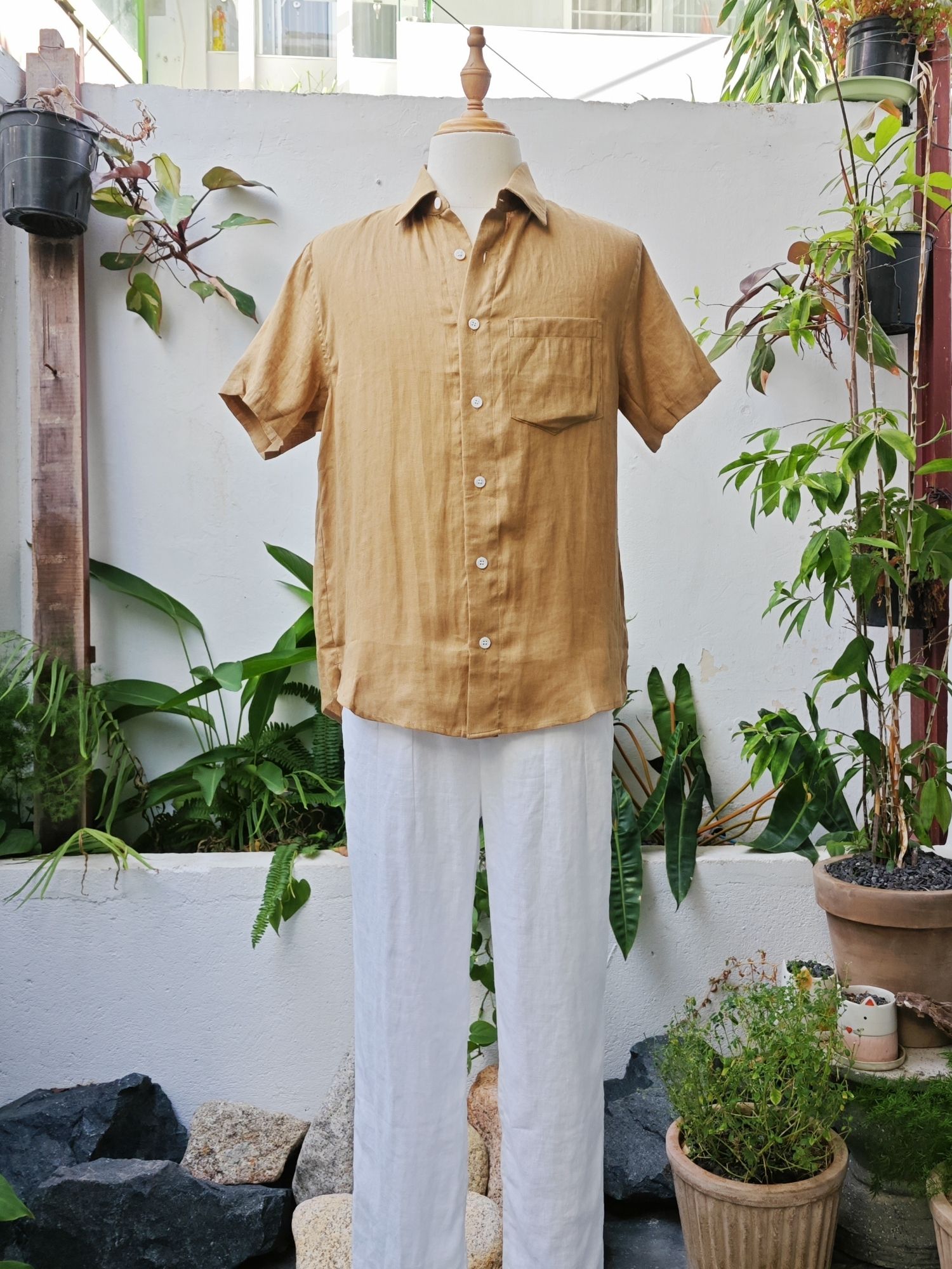 Sơ mi 100% linen tay ngắn cổ kiểu Đức